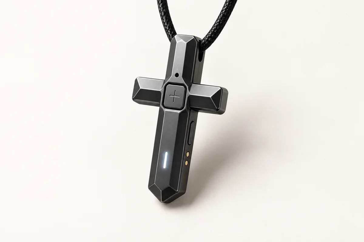 Complete graphite CrossVox Faith Button showing the center control, status light and side charging contacts